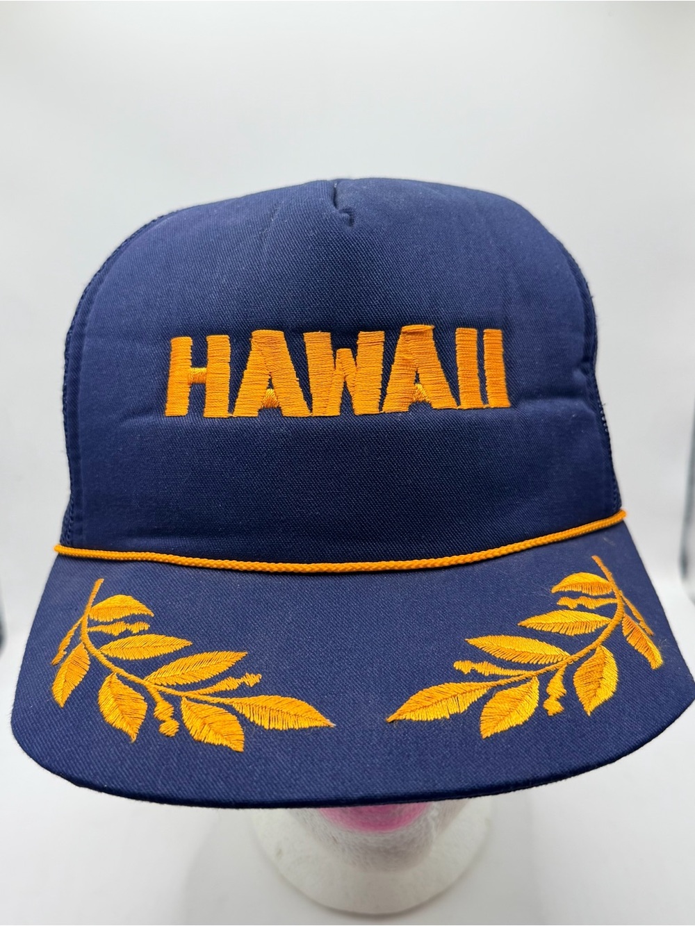 Vintage Hawaii Trucker Hat Blue/Yellow Foam Mesh Rope OSFA Hawaiian Headgear